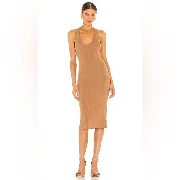 L'AGENCE Dresses & Skirts - L’ANGENCE X REVOLVE Josephine v neck ribbed v neck tan stretchy dress sz medium